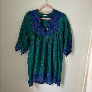 Matta Green and Blue Smocked Dress with Cuffed Sleeves
